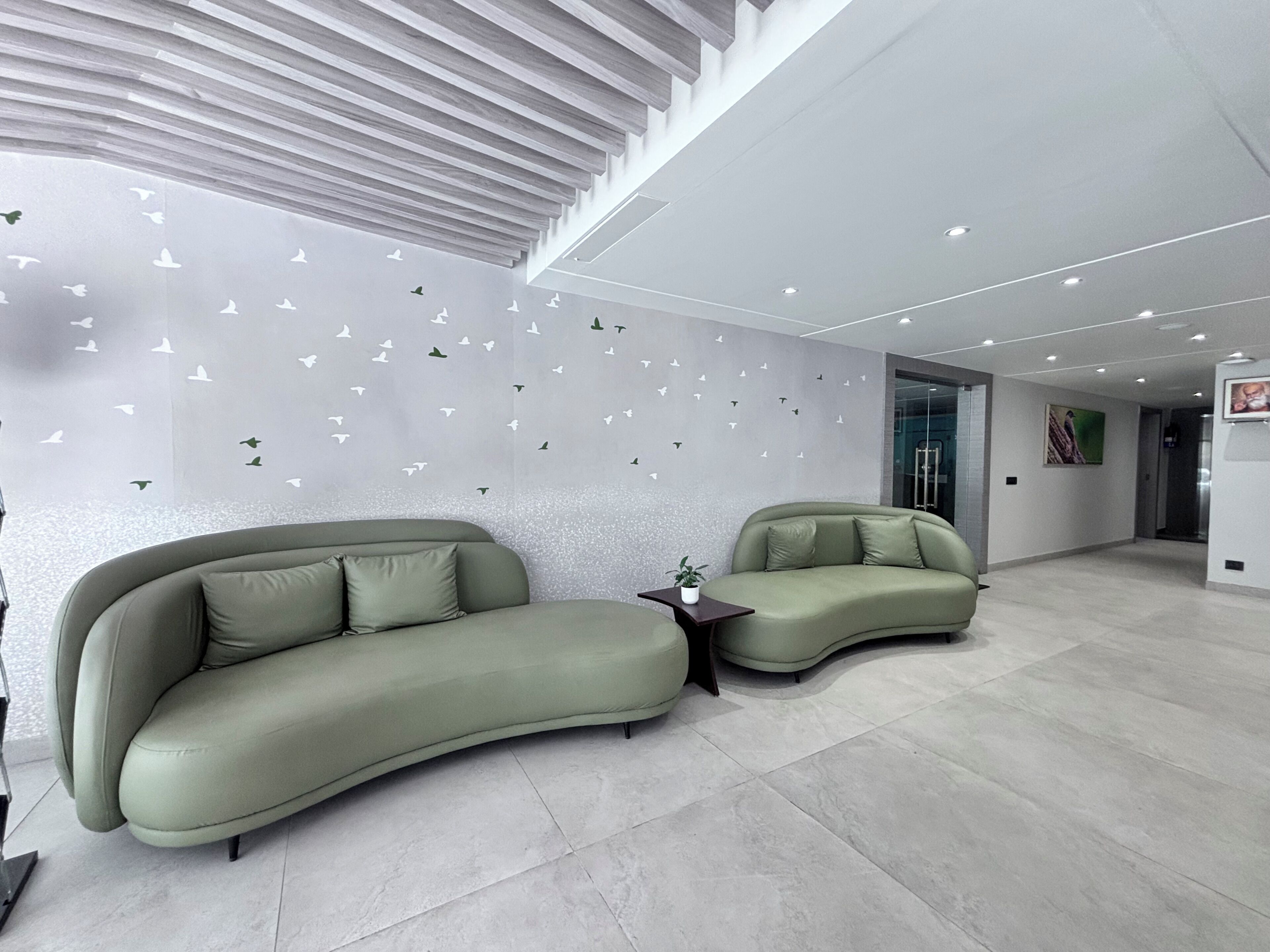 Un intérieur moderne avec deux canapés verts, une petite table et un mur décoré d’autocollants représentant des oiseaux.