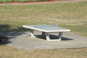 A concrete table with a metal frame in a grassy area. - Swedish House Red Water Lily (Userin)
