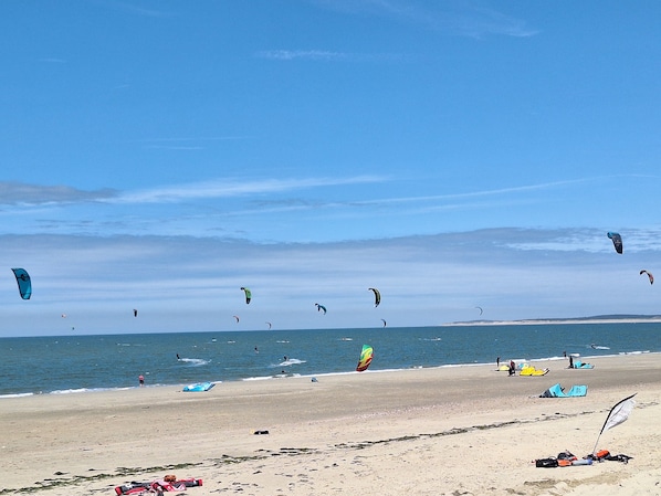 A beach with multiple kites flying, a sandy shore, and the sea in the background.