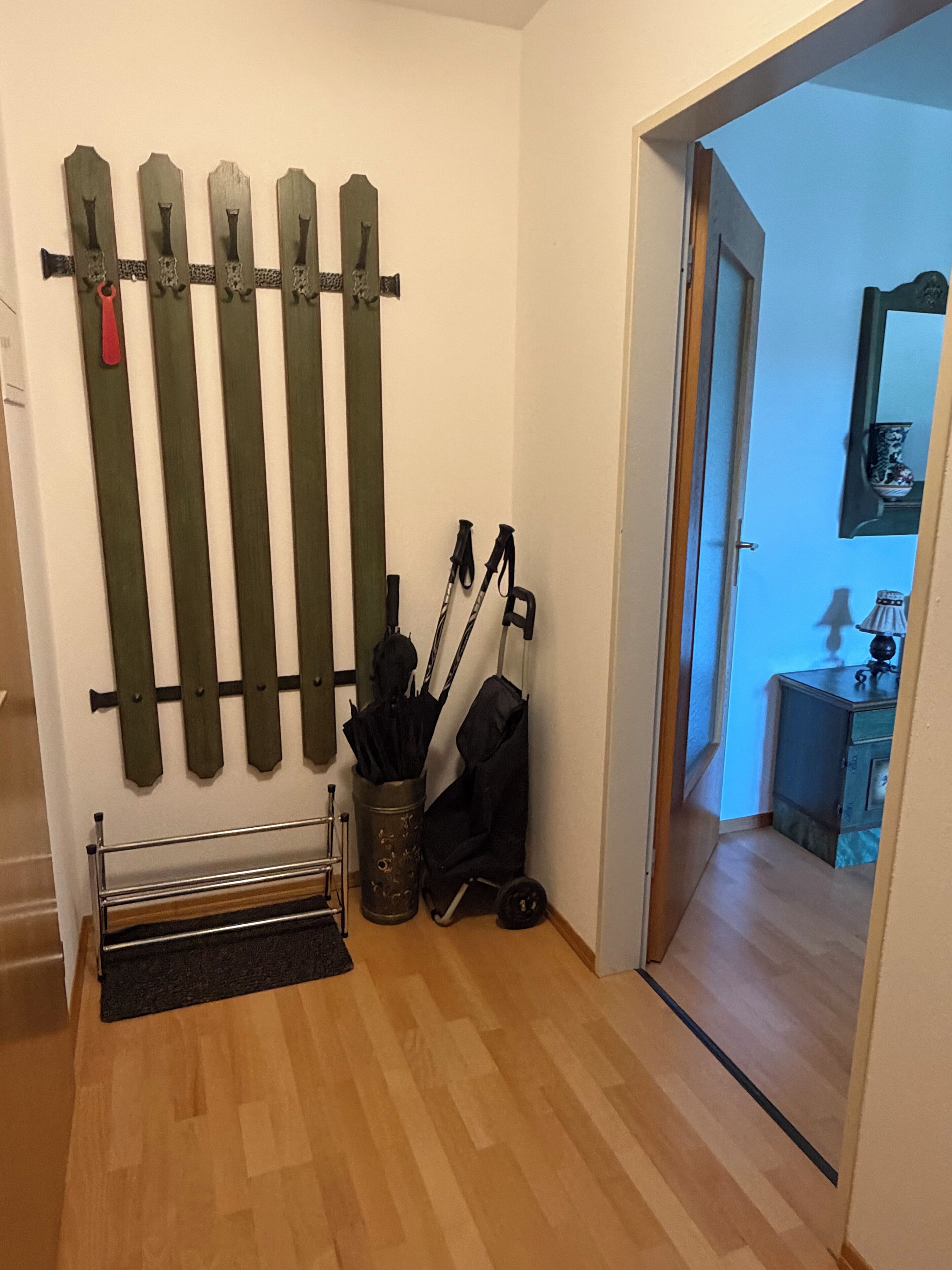 Ein Zimmer mit Holzboden, einem Metallgestell mit Skiern, einem Mülleimer und einer Tür zu einem anderen Raum.