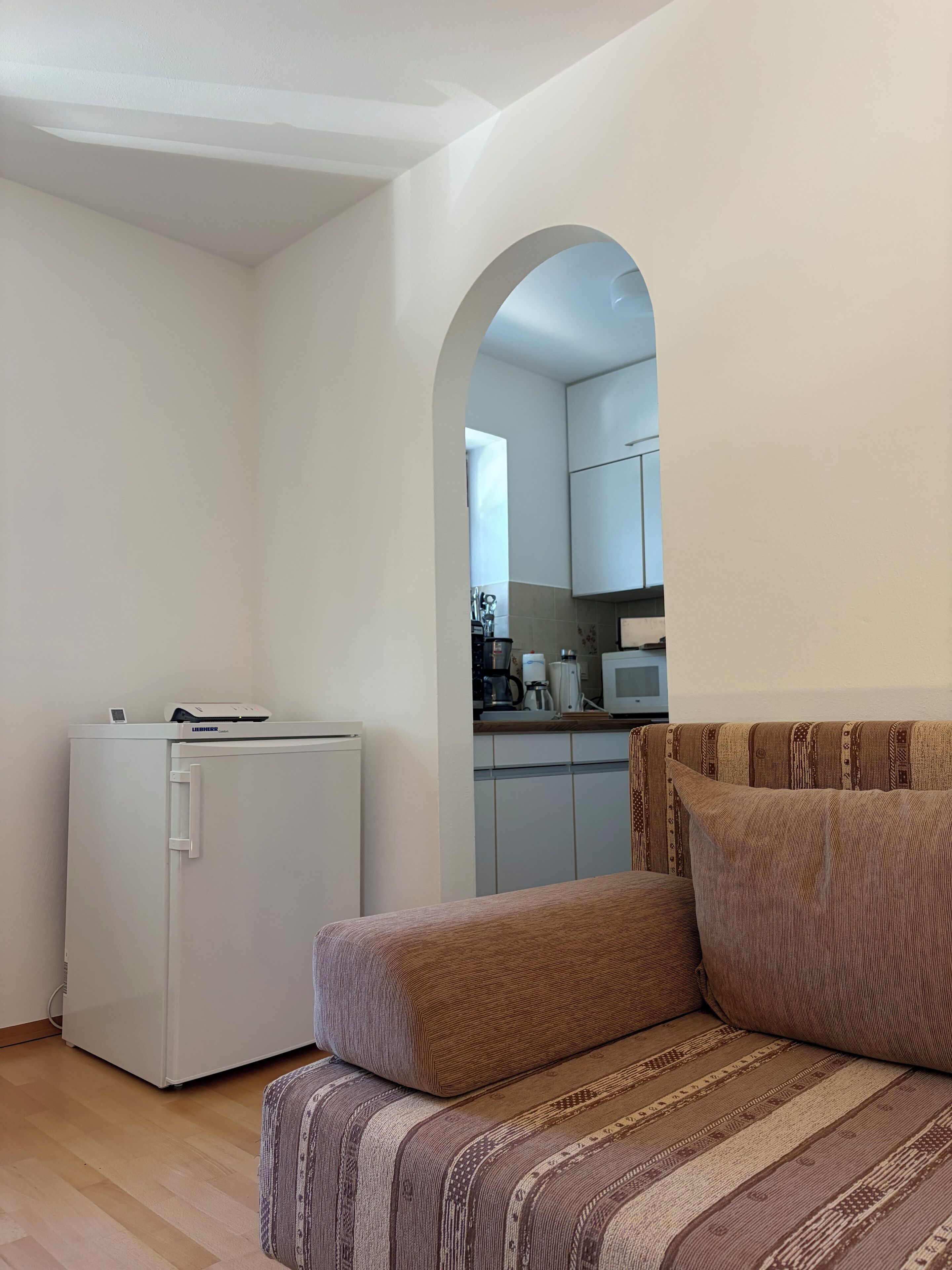 Ein kompakter Wohnbereich mit einer Couch, einem kleinen Kühlschrank und einer durch einen Bogen sichtbaren Küchenzeile.