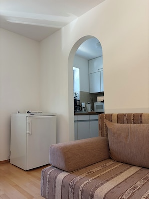 A compact living space with a sofa, a small refrigerator, and a kitchen area visible through an archway.