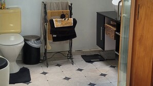Casa de banho compacta com claraboya, sanita, um balde de lixo, um pequeno armário e zona de duche.