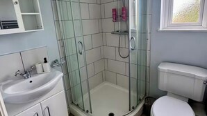 Ein Badezimmer mit einer Duschkabine, einem Waschbecken und einer Toilette.