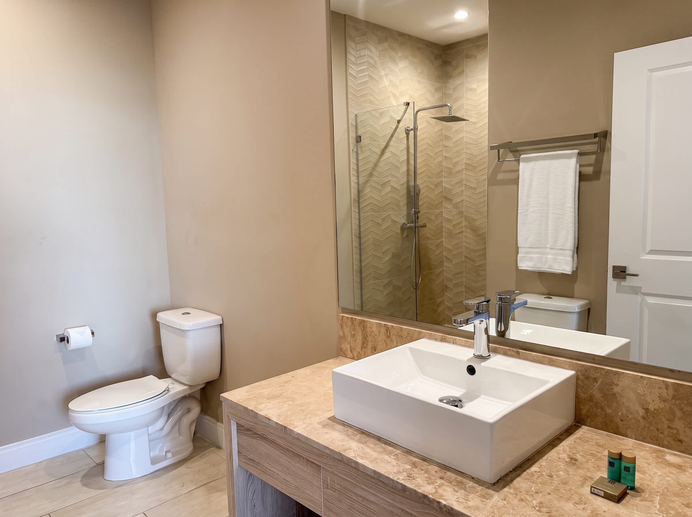 Une salle de bain moderne avec un lavabo blanc, des toilettes et une douche.