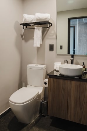 Un baño moderno con inodoro, lavamanos y espejo.