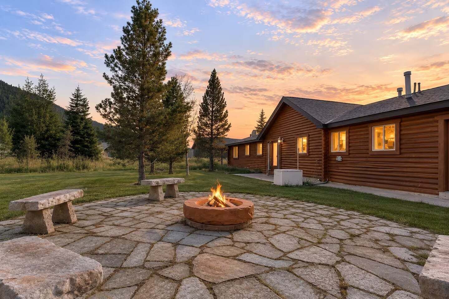 A log cabin with a stone fire pit and benches, surrounded by a grassy yard and trees.