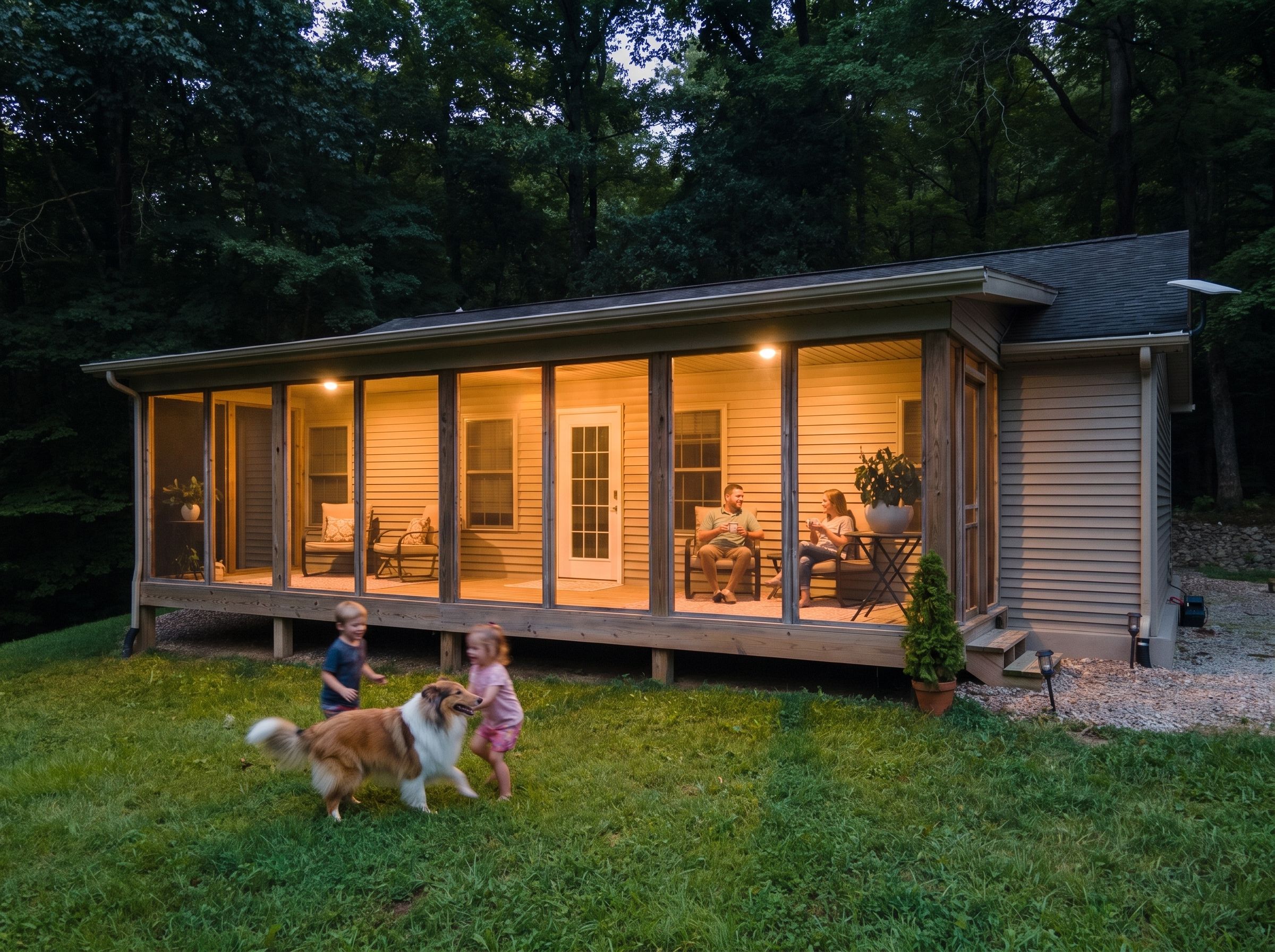 A house with a covered porch and a deck, surrounded by a grassy yard and trees.