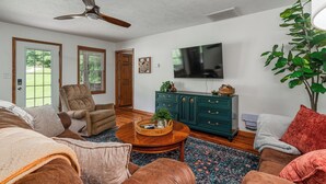 A living room with a ceiling fan, a television, a green cabinet, and a large plant.
