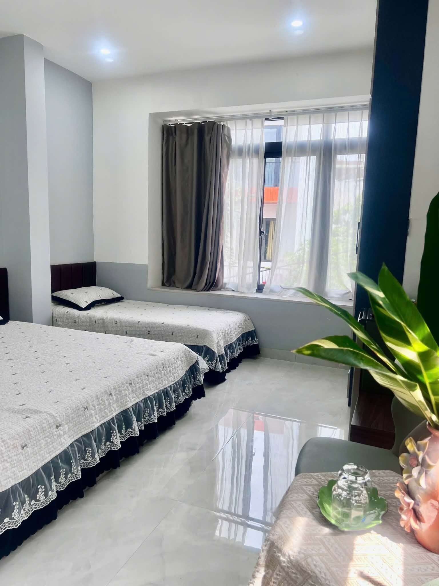 A hotel room with two beds, a window with curtains, a plant on a table, and a vase.