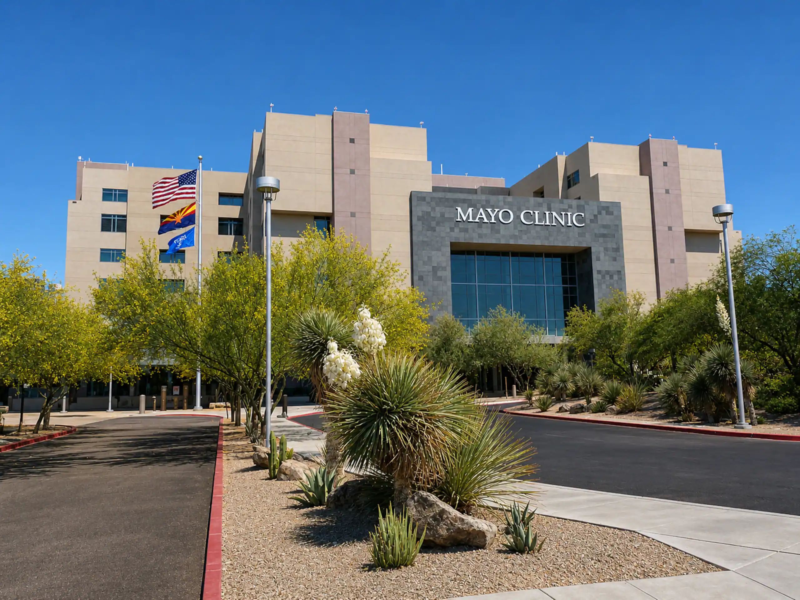 Un bâtiment de la Mayo Clinic, avec un ciel dégagé, entouré de verdure aménagée et bordé d’une bordure rouge.