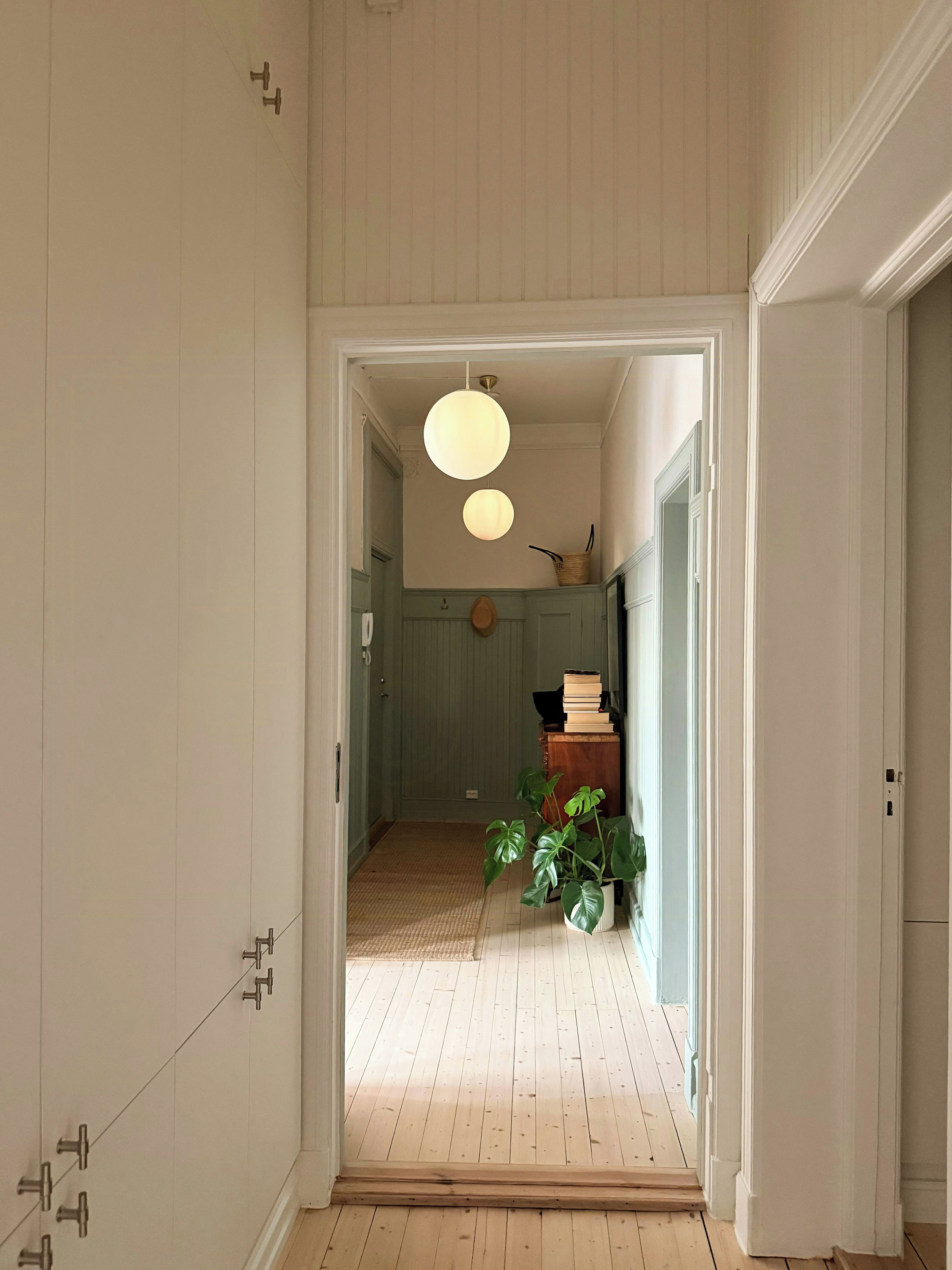 A hallway with wooden flooring, a hanging light fixture, and a potted plant.