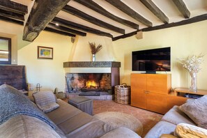 A cozy living room with a fireplace, a sofa, a television, and a cabinet. - Historic Catalan farmhouse with pool near Girona (Cornellà del Terri)