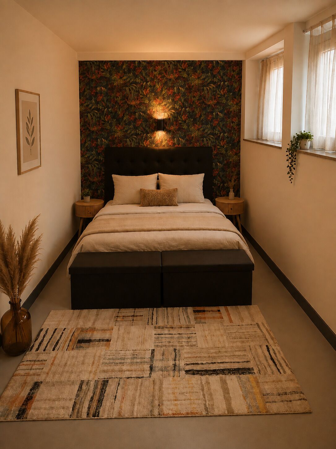 Ein Schlafzimmer mit einem großen Bett, einer Wandleuchte, einem gemusterten Teppich und einem Fenster mit Vorhängen.