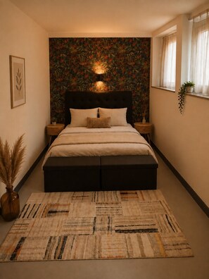 Ein Schlafzimmer mit einem großen Bett, einer Wandleuchte, einem gemusterten Teppich und einem Fenster mit Vorhängen.