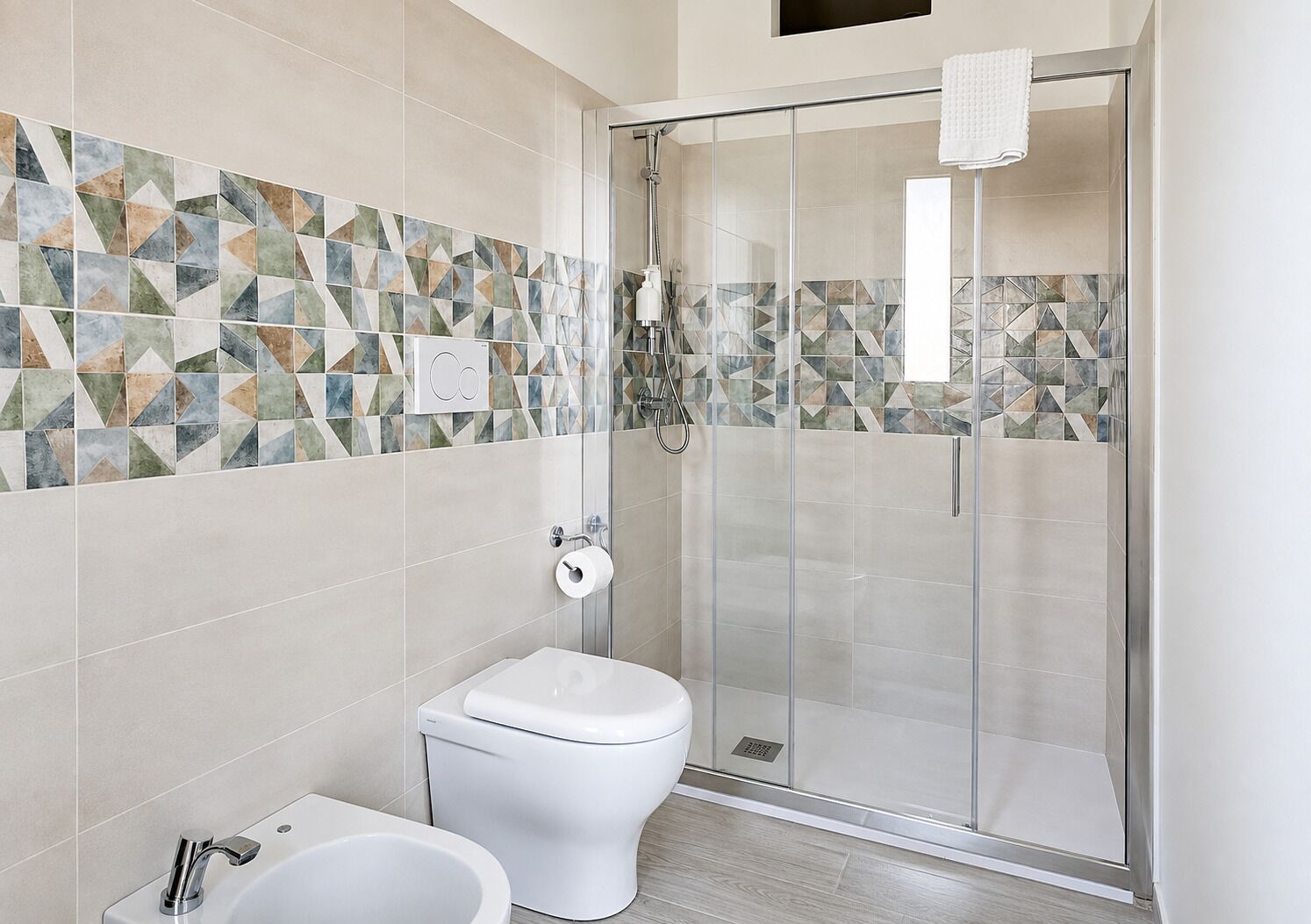 Shower, hair dryer, bidet, towels
