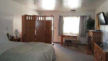 A bedroom with a bed, a desk, a chair, a television, and a wardrobe.
