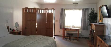 Un dormitorio con una cama, un escritorio, una silla, un televisor y un armario.