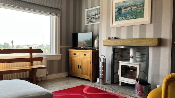 A living room with a television, wooden cabinet, fireplace, and a red rug. - Beautiful 3-bedroom house. Sea view.  40 mins from Edinburgh. Dog friendly. (Burntisland)