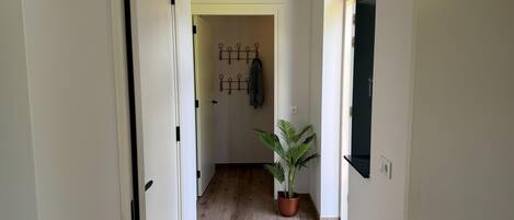 A hallway with a wooden floor, a potted plant, a coat rack, and a door leading to another room.