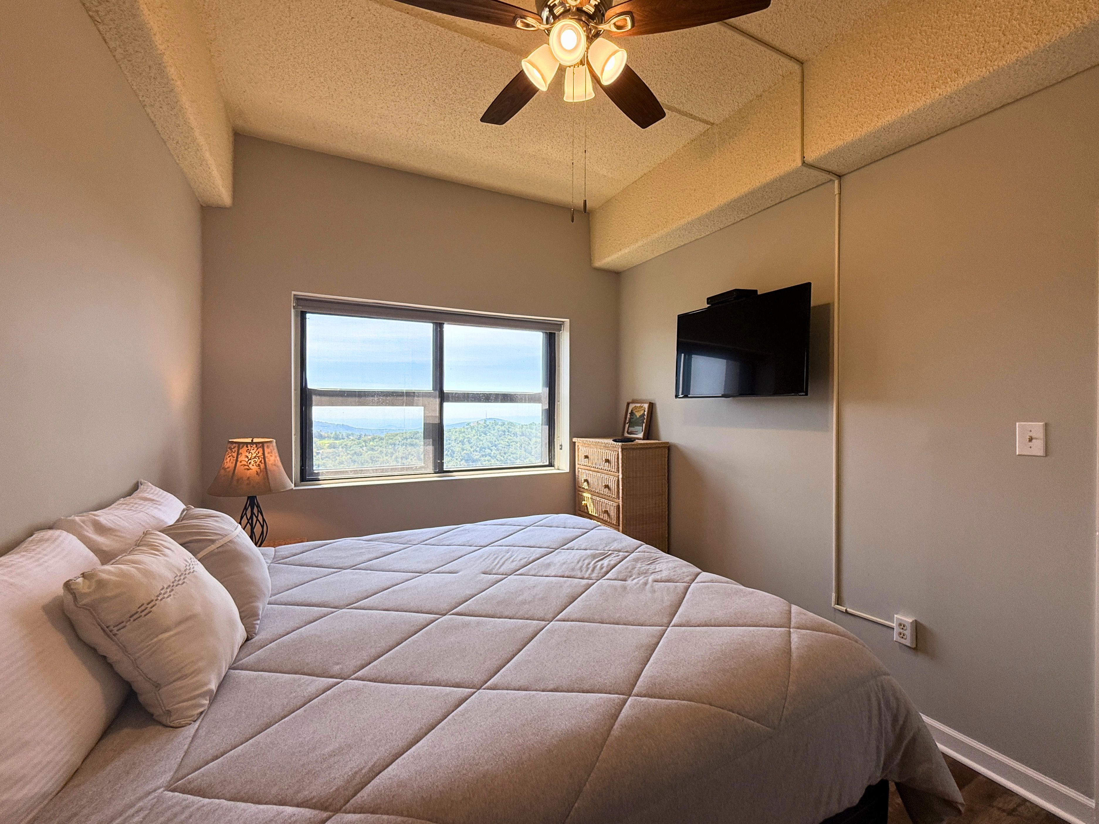 A bedroom with a large bed, a ceiling fan, a window with a view, a television mounted on the wall, and a bedside table with a lamp.