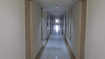 A long, narrow hallway with doors on both sides, leading to rooms.
