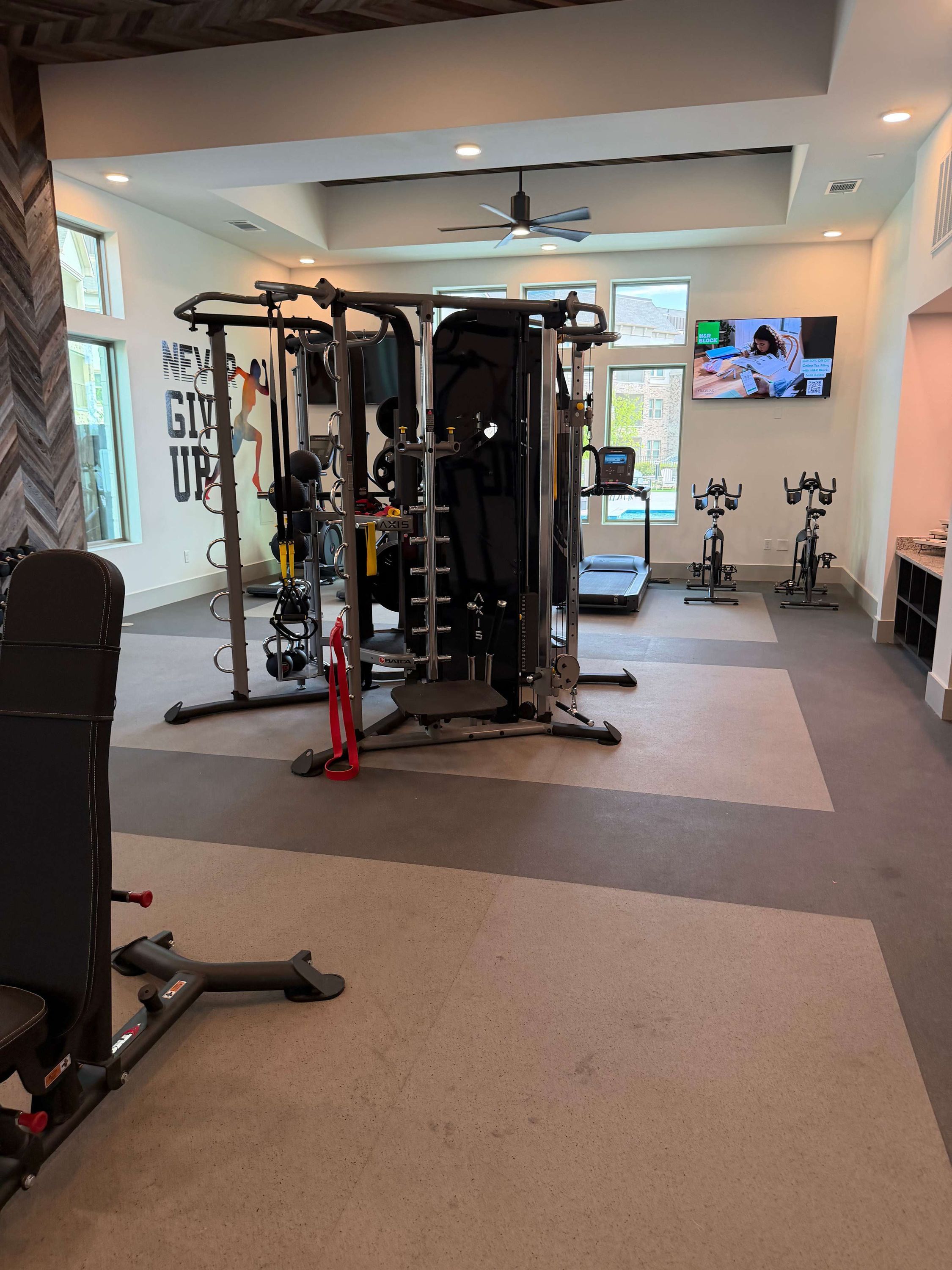 Un gimnasio en casa con una estructura para sentadillas, banca para press de pesas y varias máquinas de musculación.