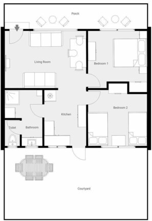 A floor plan of a hotel with a living room, two bedrooms, a kitchen, a bathroom, a toilet, and a courtyard. - Phillip Island Cottage 2 (Cowes)
