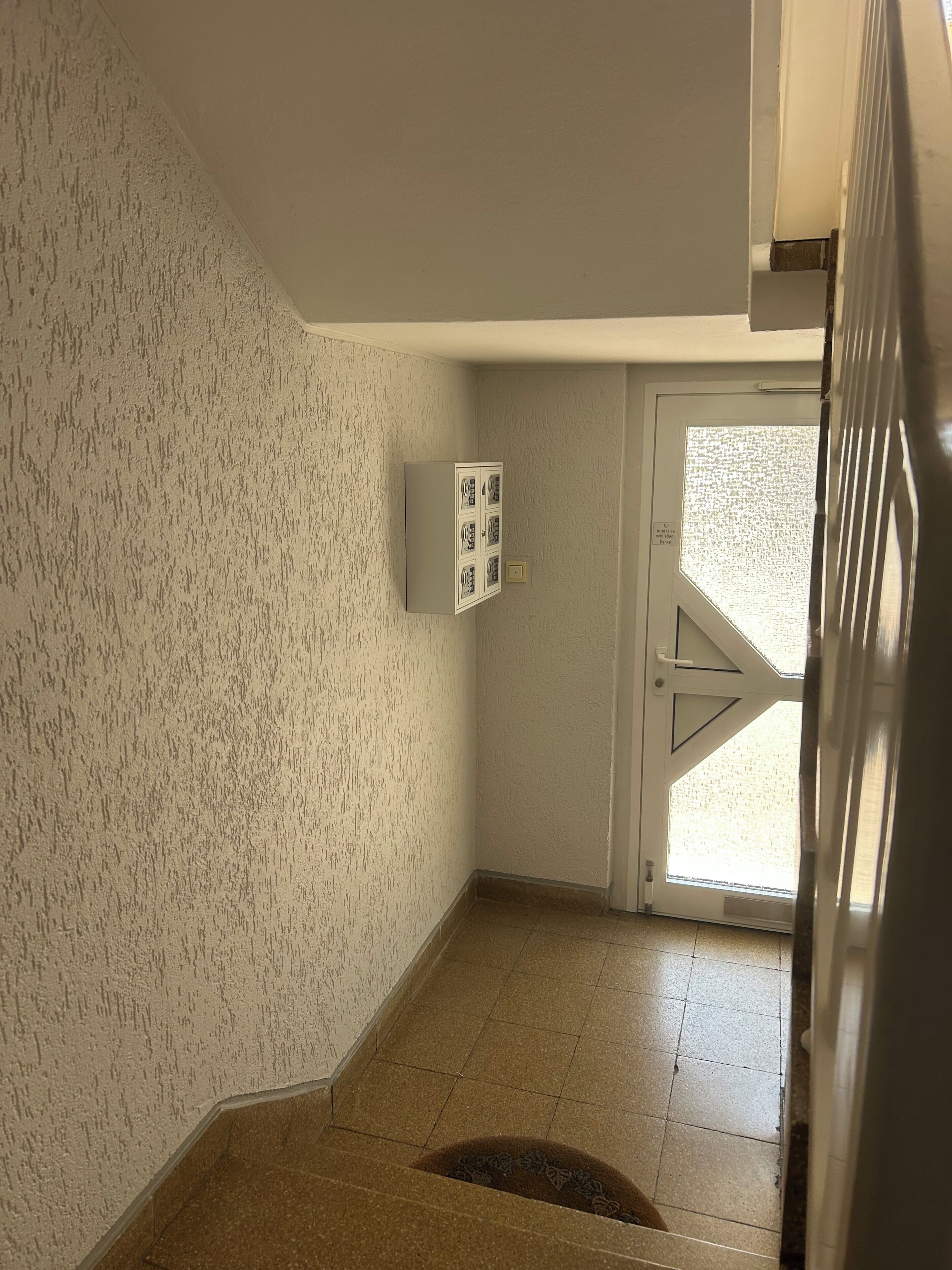 Eine Treppe mit einer strukturierten Wand, eine Tür mit einer satinierten Glasscheibe und ein Lichtschalter an der Wand.
