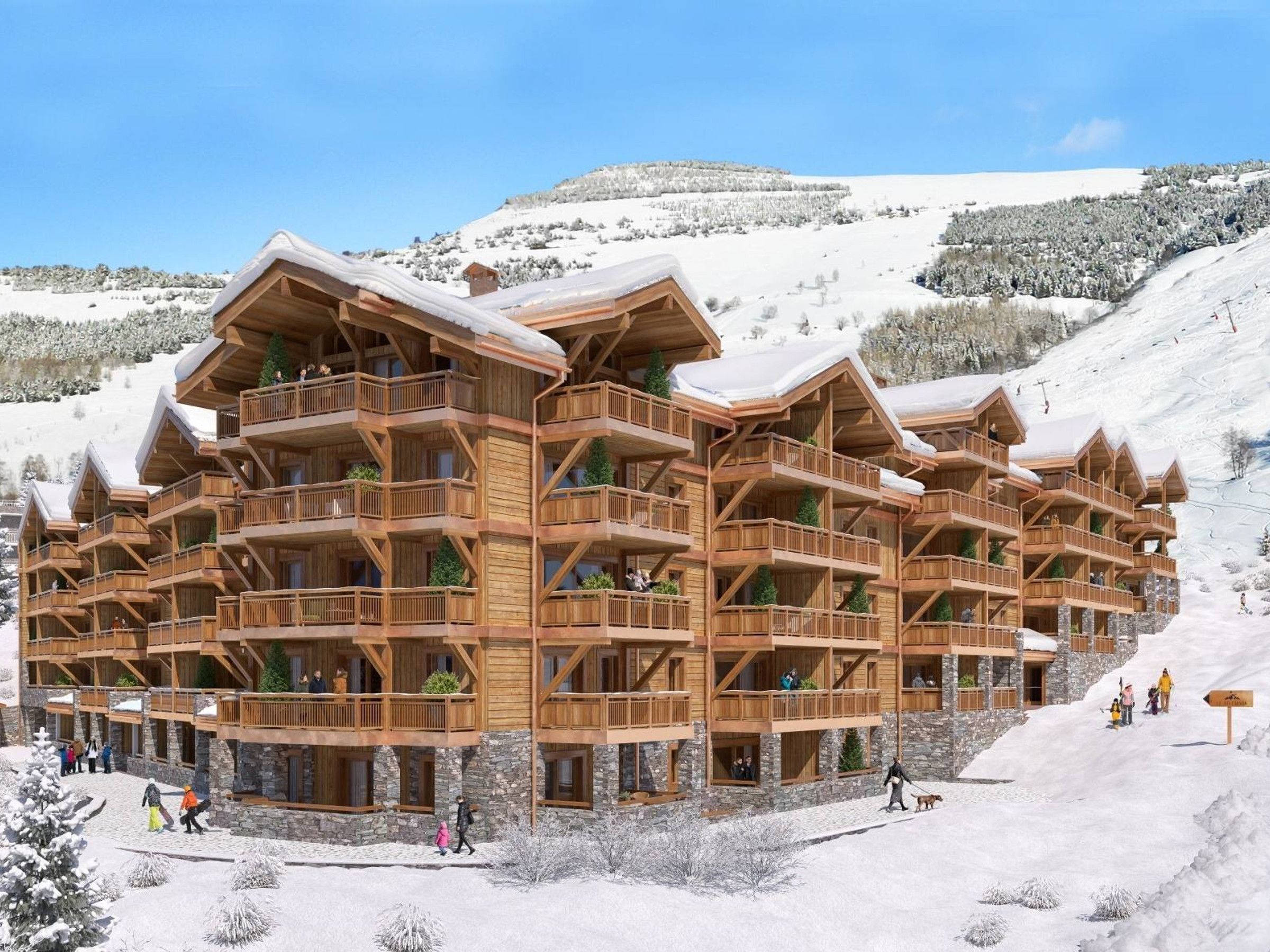Una baita in legno a più piani con balconi, con alle spalle un paesaggio montano innevato.