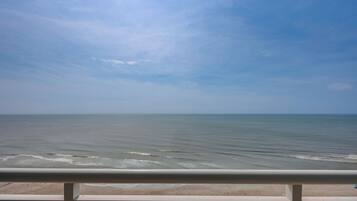 A beach view with a clear sky and calm sea.