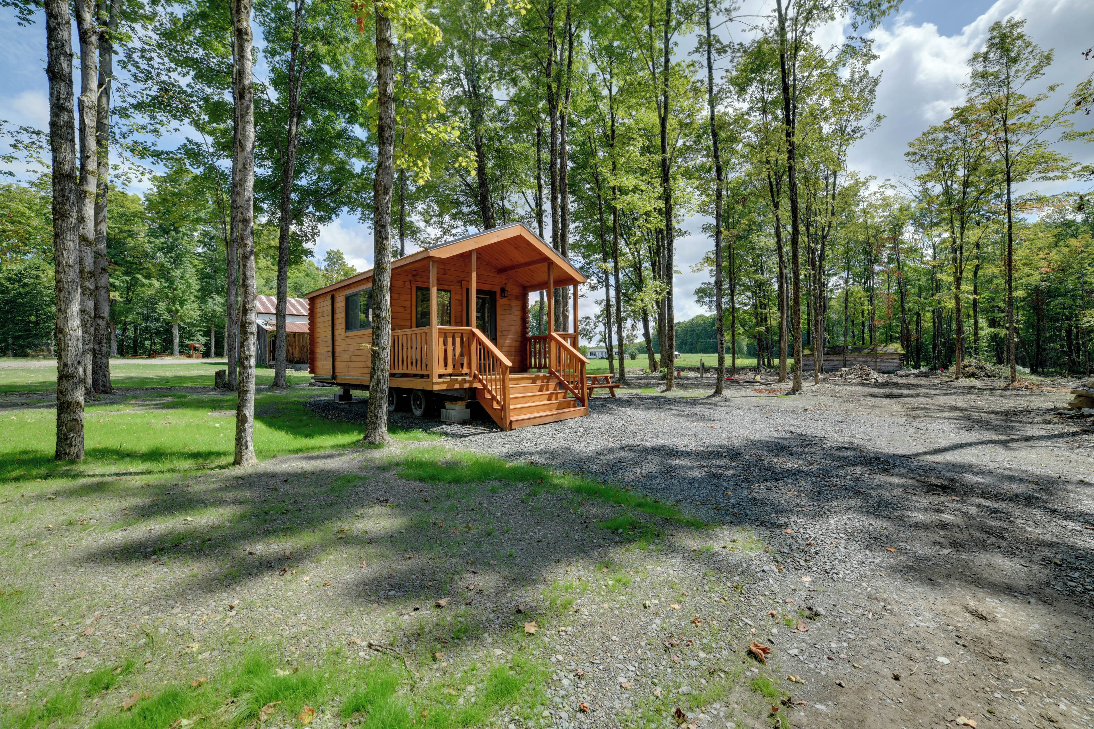 A wooden cabin with a porch and a gravel driveway, surrounded by trees.