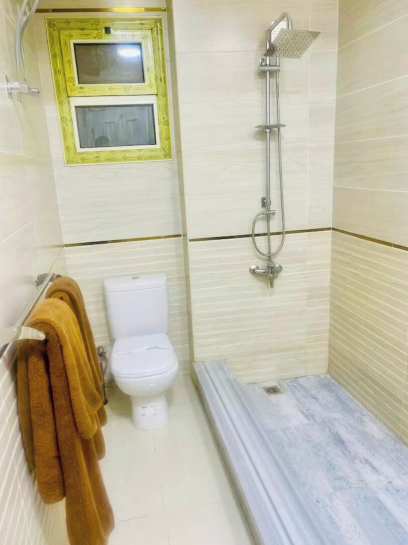 Een compacte badkamer met toilet, douche en een handdoekrek met handdoeken.