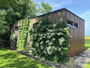 A brick building with ivy and white flowers, a paved path, and a grassy area. - Complete privacy en weids uitzicht (Bergen)