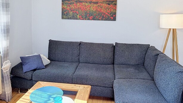 Ein Wohnzimmer mit einem grauen Sofa, einem Couchtisch mit einem blauen Untersetzer und einem Gemälde einer Blumenwiese.
