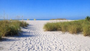 En sti af sand der fører ned til havet, med græsklitter på hver side.