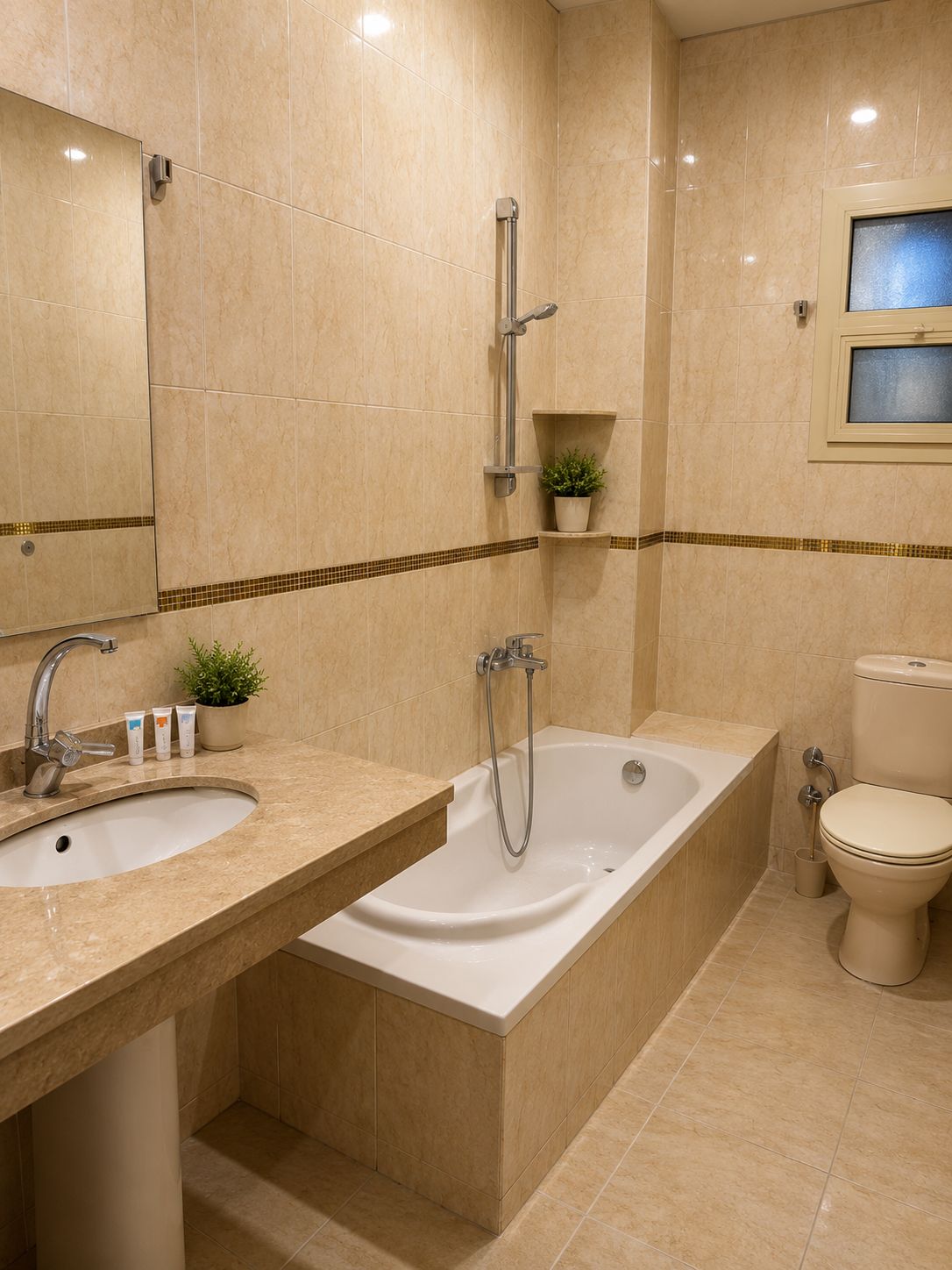 Hair dryer, towels, soap, toilet paper