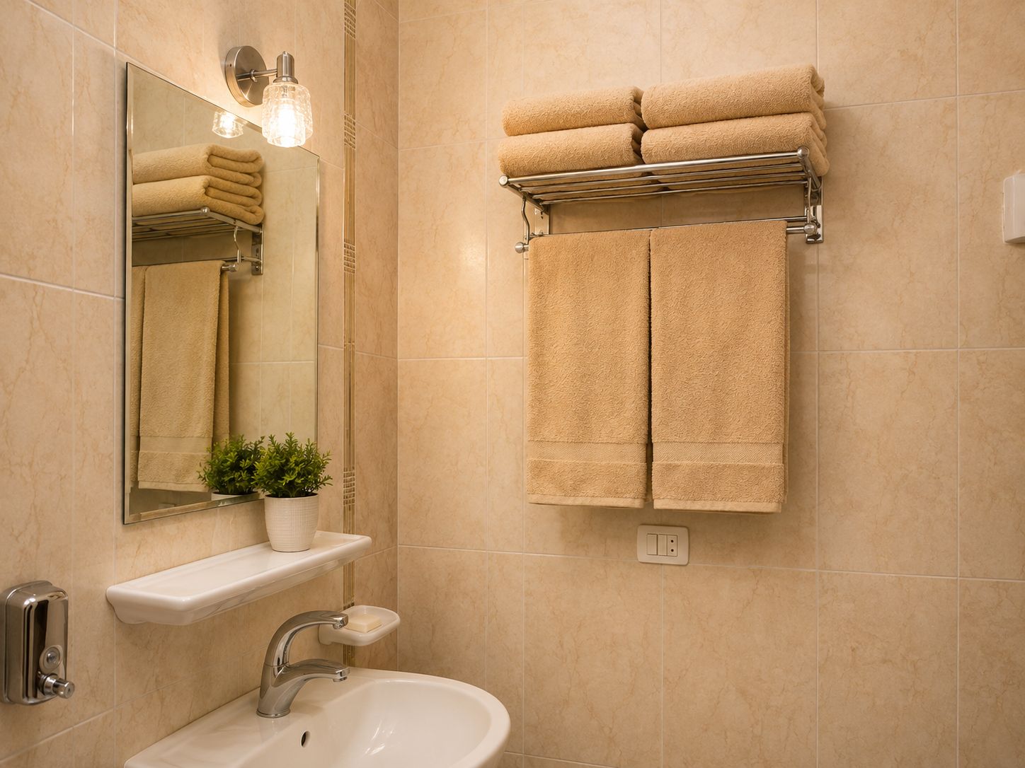 A bathroom with a sink, mirror, towel rack, and a potted plant.