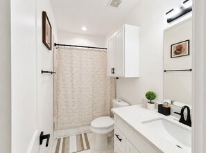 A bathroom with a toilet, a sink, a mirror, and a shower curtain. - H-Town Dream Deluxe Stay (Houston)