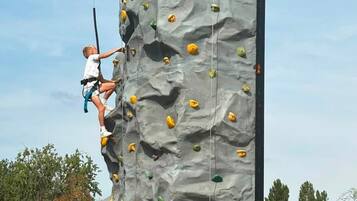 A rock climbing wall with various holds and a person climbing.