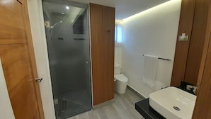 Ein modernes Badezimmer mit Duschkabine aus Glas, Toilette und Waschbecken.