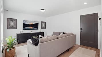 A modern living room with a grey sofa, a flat-screen TV, and two abstract wall art pieces.