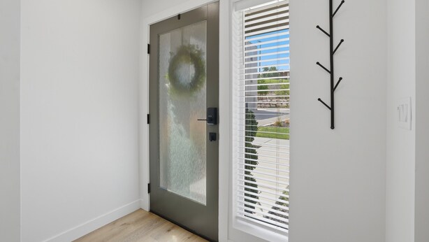Une porte avec une vitre dépolie et une guirlande, une fenêtre avec des stores et un porte-manteau fixé au mur.