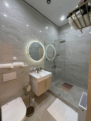 Ein modernes Badezimmer mit einer gläsernen Duschkabine, einem Waschtisch mit Spiegel und einer Toilette.