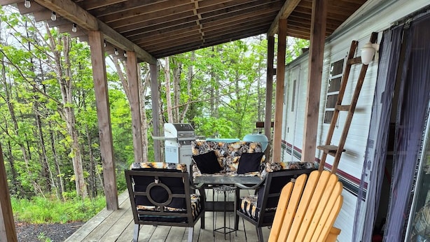 Eine Holzterrasse mit Gartenmöbeln, darunter Stühle und ein Tisch, unter einem überdachten Bereich mit Grill und Kühlschrank.