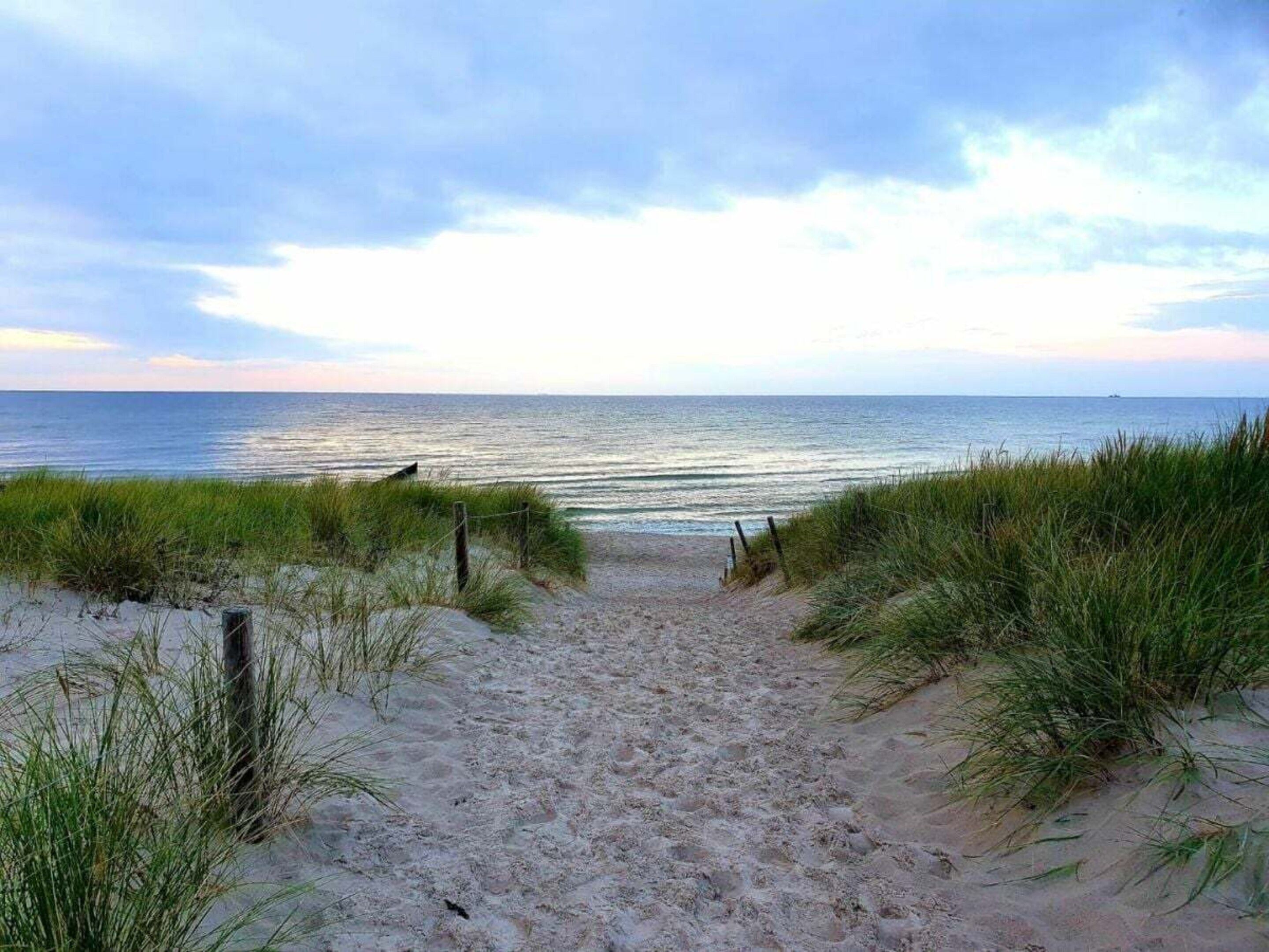 A sandy beach path leading to the ocean with grassy dunes on either side.