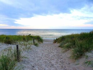 A sandy beach path leading to the ocean with grassy dunes on either side. - Holiday Apartment KWi 20 Ground Floor - "reimer" (Gelbensande)