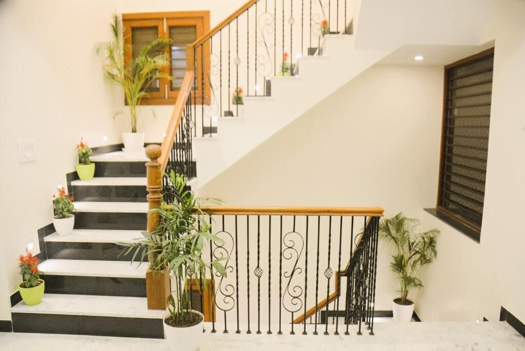 Un escalier doté d’une rampe en bois et de balustres noires, bordé de plantes en pot.