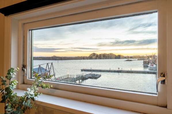 Vista a través de una ventana de una zona ribereña con un muelle y barcos.