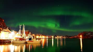 A harbor at night with boats docked, buildings, and the aurora borealis.